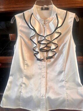 Tahari Arthur S. Levine Sleeveless Ruffle Blouse | Women’s Medium | Satin Ivory
